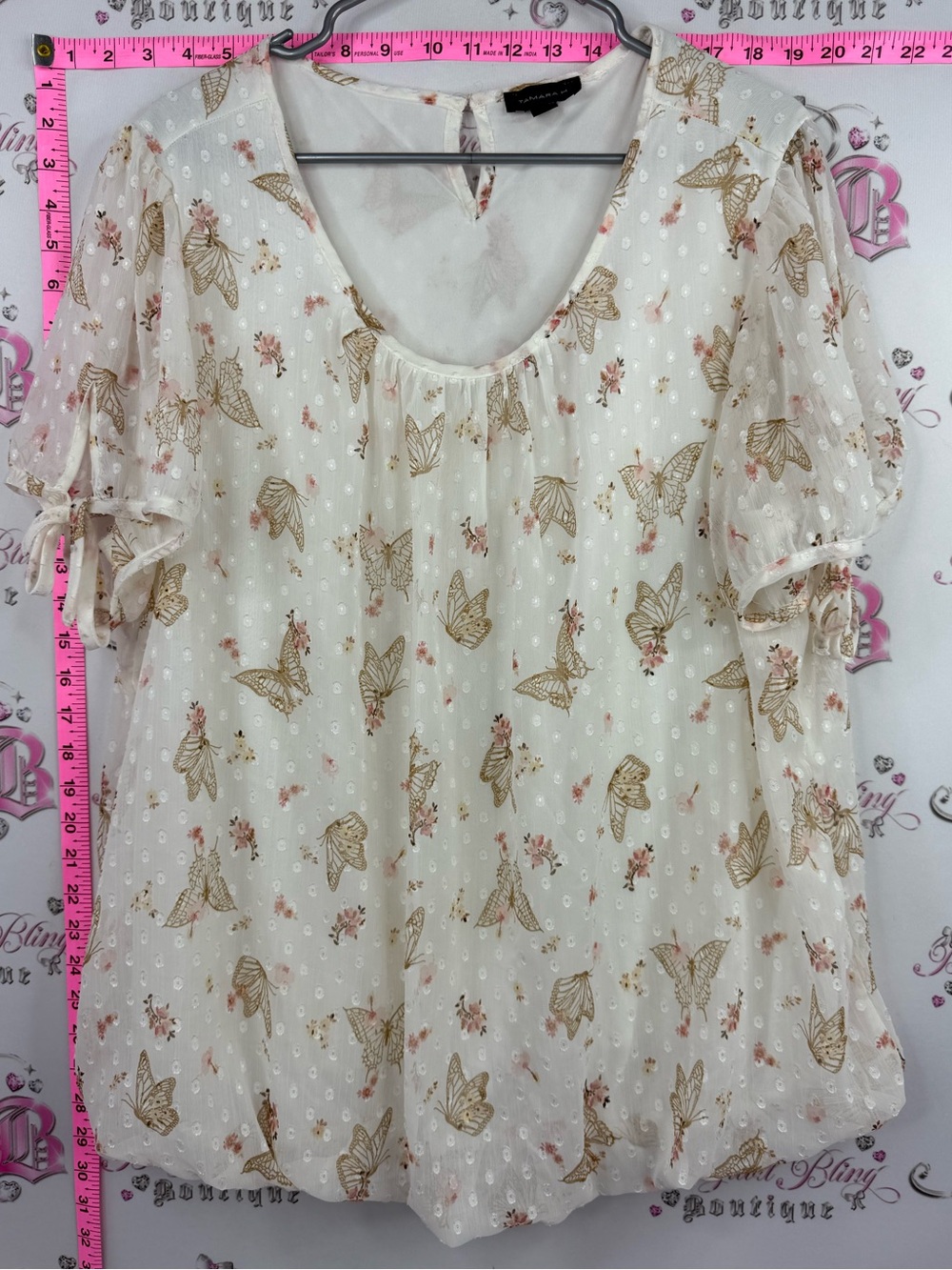 TAMARA H shirt Cream Butterfly-Print Short Sleeve Blouse